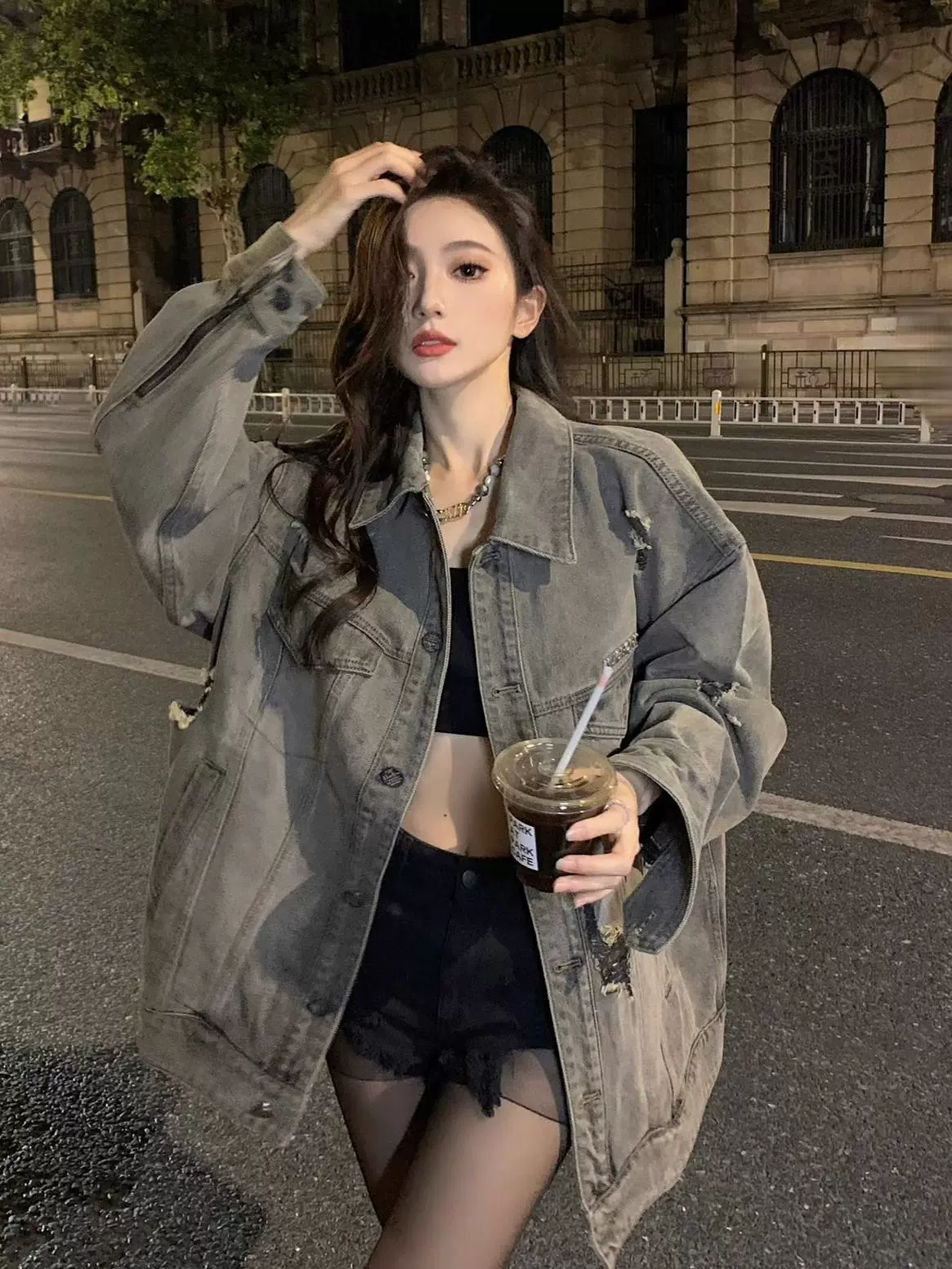街头潮酷oversize破洞牛仔外套